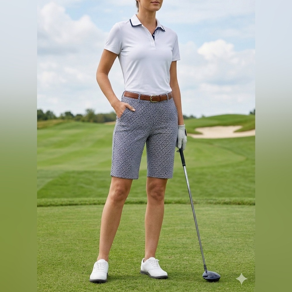 SLIMSATION Size 8 Golf Walking Shorts Midnight Blue Print Slimming Pull- on
